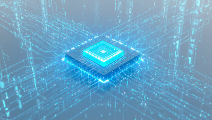 Futuristic 3D Render of a CPU with Blue Data Flow on a Digital Surface