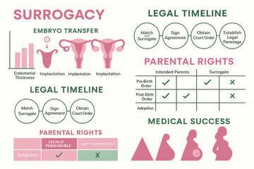 Surrogacy Process Infographic: Embryo Transfer, Legal Timeline, Parental Rights, and Medical Success.