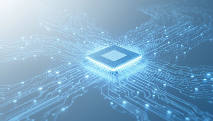 Futuristic 3D Render of a CPU with Blue Data Flow on a Digital Surface