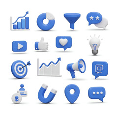 Collection of blue 3d icons representing business, social media, and communication, isolated on white background