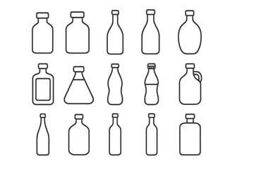 Fototapeta premium Bottle line icon set. Vector collection of various container and flask shapes. Outline symbols for water, soda, milk, juice, alcohol, medicine. Minimalist packaging elements.