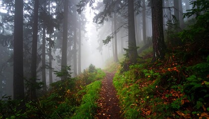 Obraz premium Misty Forest Path Autumn Hiking Trail.