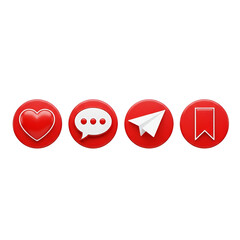 Set of red circular social media icons for like, chat, send, and bookmark, isolated on white background
