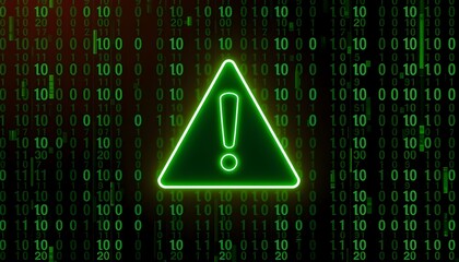 Green glowing warning sign with exclamation point over a binary code background.