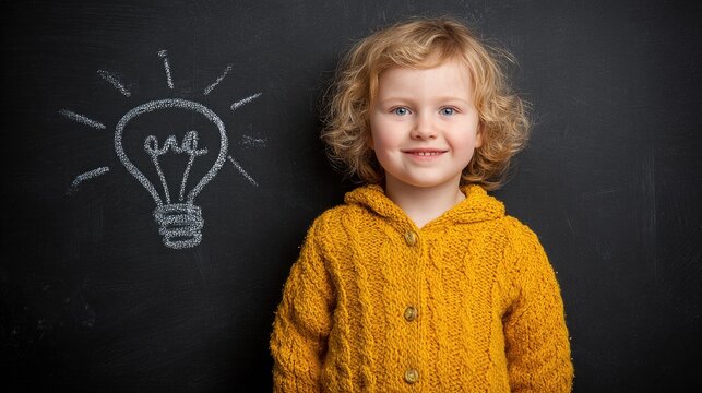 A young child with curly hair standing in front of a chalkboard with a light bulb drawn on it.