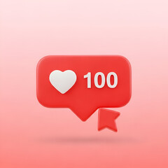 Red social media notification icon with a heart and number 100, isolated on white background
