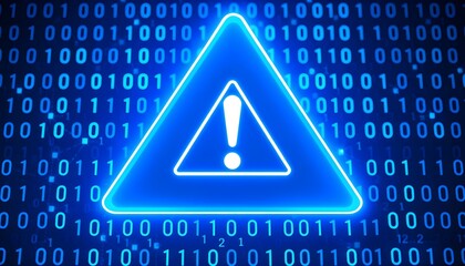 A glowing blue triangular warning sign with an exclamation mark over a background of digital binary code.