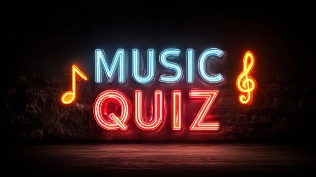 Neon music quiz sign with treble clef and notes in vibrant colors on dark background