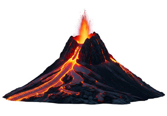 A dramatic volcanic eruption showcases molten lava flowing down the dark slopes of a towering mountain against a black background.