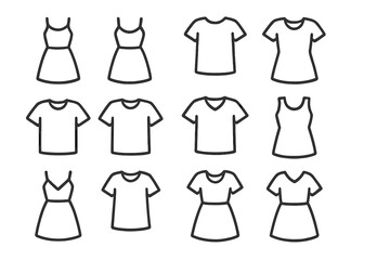 Clothes line icon collection. T-shirt and dress simple outline pictogram set. Fashion garment and apparel symbols for web or app design. Editable stroke vector illustration.