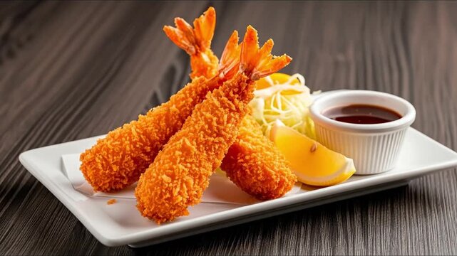 Crispy fried shrimp with tails on served on a white plate with shredded cabbage a lemon wedge and a dark dipping sauce The dish rests on a dark textured wooden surface