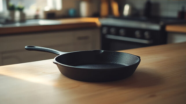 Black Frying Pan Resting on a Wooden Countertop in a Modern Kitchen