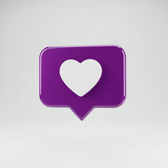 Purple speech bubble with a white heart icon inside, isolated on white background