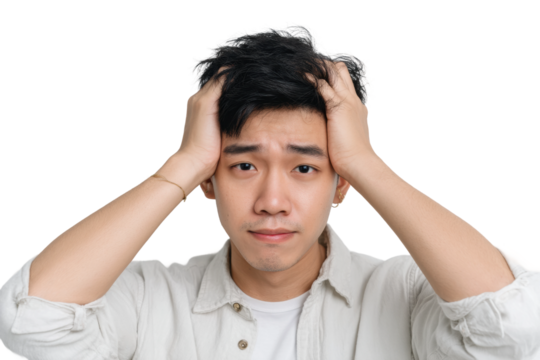 Frustrated young asian male holding head in hands, cut out