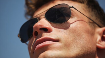 Close-up of young caucasian male with sunglasses under blue sky