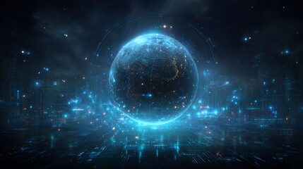 Futuristic digital globe with blue lights and technological elements in space