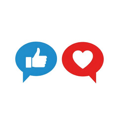 Two speech bubbles, one with a thumbs up icon and the other with a heart icon, isolated on white background