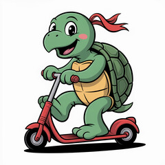 A cheerful turtle cartoon character rides a red scooter with a red bandana isolated on white background it is a fun and playful illustration