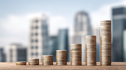A stack of coins on a wooden table with a city skyline in the background.
