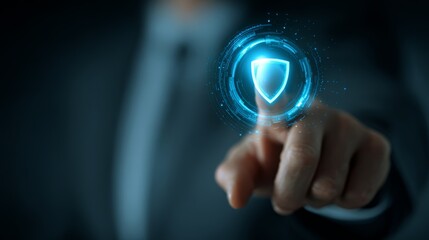 Young adult male touching digital shield hologram interface for cybersecurity concept