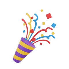 3d rendering of a party popper exploding with colorful confetti and streamers isolated on white background