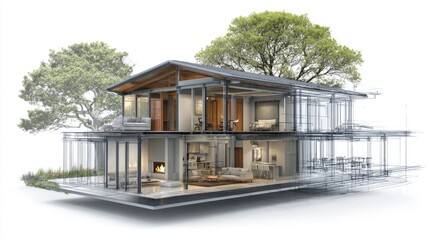 A modern, eco-friendly house with a glass facade and wooden accents, surrounded by lush green trees and a clear blue sky.