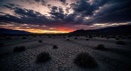 Dramatic sunset over a cracked desert landscape with scattered vegetation.