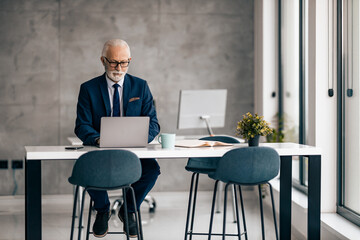 Businessman working on laptop in modern office space during daytime with large windows and minimalist design