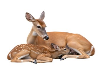 A doe and her fawn rest together, their tender bond evident against a stark black background.