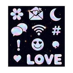 Collection of iridescent social media icons and symbols on a dark starry background