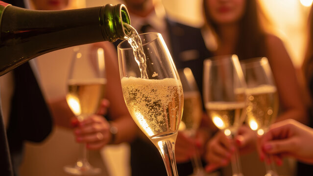 Celebration champagne pouring glasses party friends toast bubbles festive joy