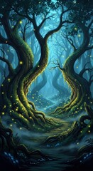 Enchanted forest path with glowing fireflies and mystical trees.