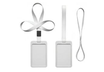 Three blank white rectangular id badge holders with lanyards isolated on transparent background