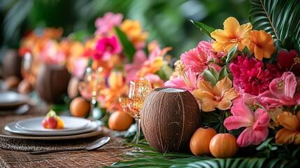 Vibrant Tropical Floral Table Setting with Coconut Candle Holders and Greenery Design Ideas For Special Occasions and Parties or Gatherings With Fruits and Leaves and Warm Lighting for an Elegant and