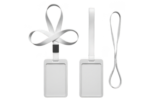 Three blank white rectangular id badge holders with lanyards isolated on transparent background