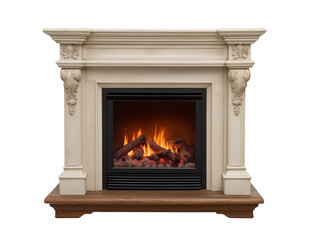 Ornate White Fireplace Mantel with Burning Logs classical isolated on a transparent background