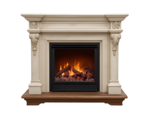 Ornate White Fireplace Mantel with Burning Logs classical isolated on a transparent background