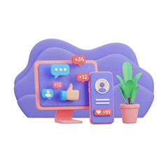Computer and smartphone displaying social media engagement metrics with plant on desk