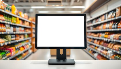 Blank computer monitor on a counter in a blurred supermarket aisle, ready for display or point-of-sale information.
