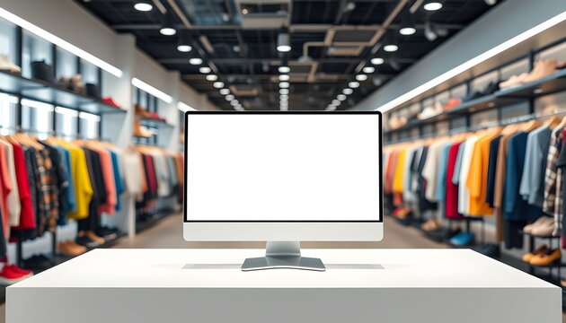 Blank computer screen on a white counter inside a modern, blurred clothing retail store.