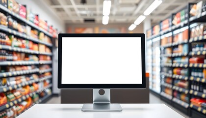 A computer monitor with a blank screen in a blurry supermarket aisle.