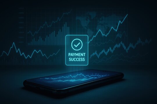 Successful Mobile Payment Confirmation Hologram Over Smartphone.