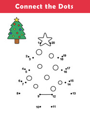 Dot to Dot Worksheet for Kids. Connect the dots to draw a cute christmas tree. Illustration of christmas tree. Coloring page.	