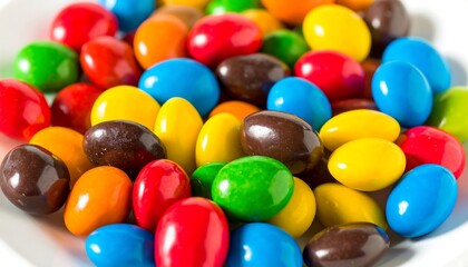 Close-up view of brightly colored, oval-shaped candies, showcasing a spectrum of vibrant hues.