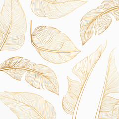 Elegant gold leaf illustrations scattered on a white background, showcasing intricate linework and tropical plant motifs.