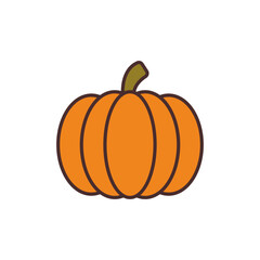 An isolated orange pumpkin with a brown stem, depicted in a simple, cartoon-like style on a white background.