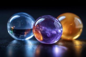 Colorful glass marbles with reflections on black background