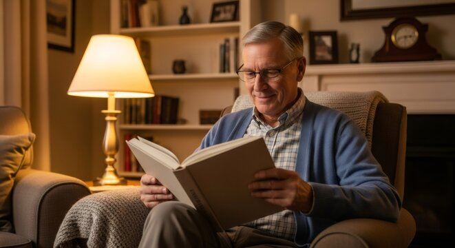 Elderly man reading book in cozy home library. Senior relaxing in armchair with lamp. Retirement lifestyle, literature hobby. Comfortable evening at home concept