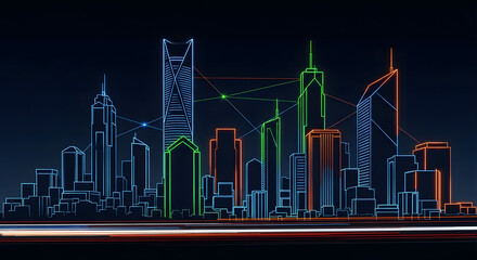 Connected Cityscape Digital Network Overlay on Skyscrapers and Urban Architecture