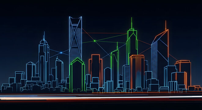 Connected Cityscape Digital Network Overlay on Skyscrapers and Urban Architecture